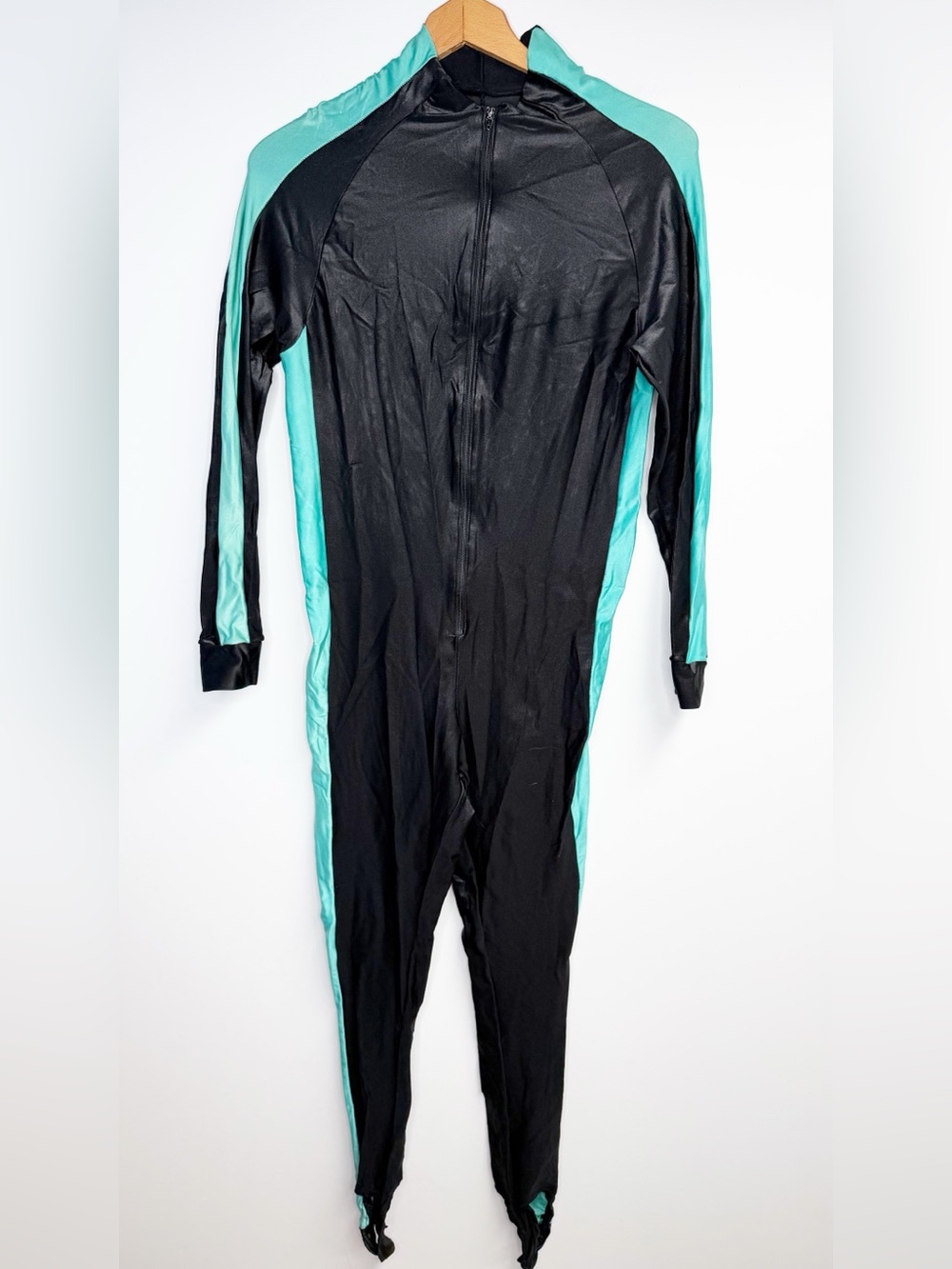 Zeta2000 Vintage 1980’s Black & Turquoise Zip Stirrup Long Sleeve Jumpsuit L